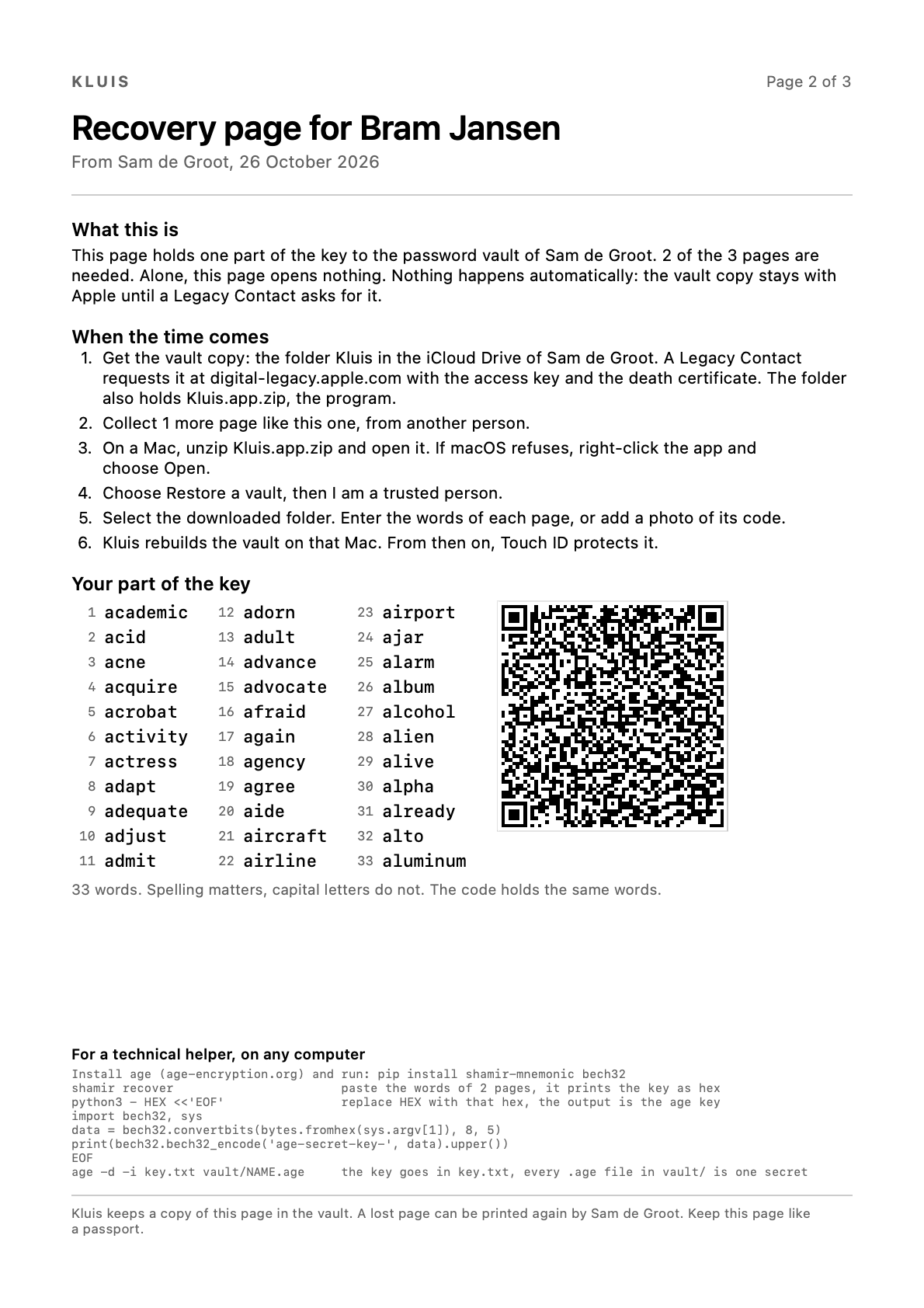 A printed Kluis recovery page with 33 words and a QR code